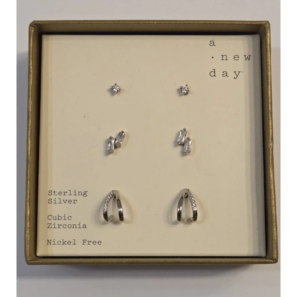 3 Pairs Of New Sterling Silver Stud Earrings CZ Nickel Free New With Box‎